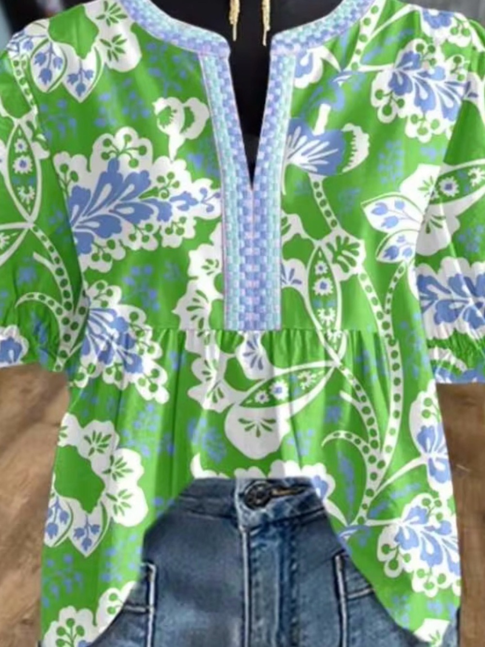 Floral Green Cotton Tunic Top with Blue & White Print